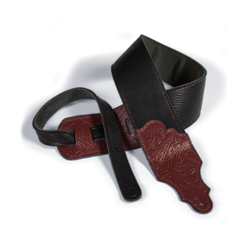 Franklin 3" Black Glove Leather Guitar Strap with Tooled Red Ends, Adjustable 39" to 56"