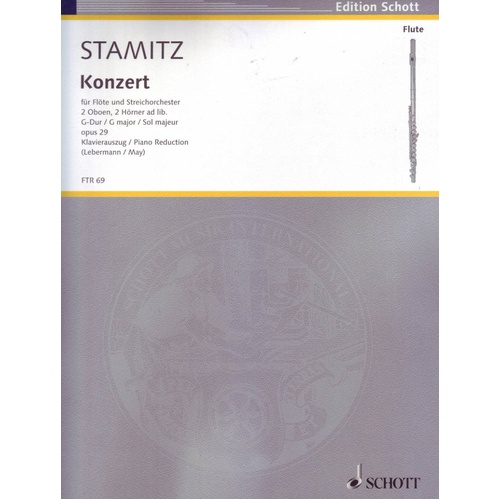 Stamitz Concerto in G Major Op. 29 for Flute and Piano Study Score 43 Pages