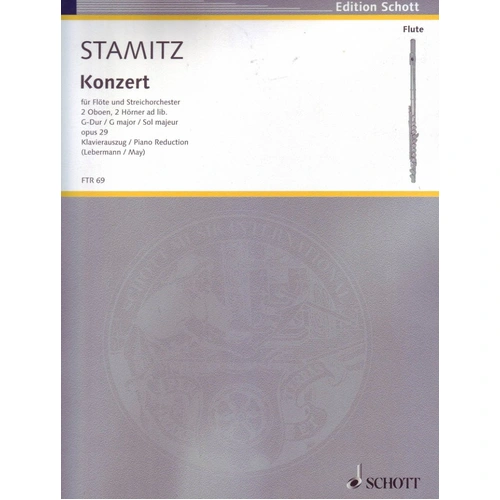 Stamitz - Concerto in G Major Op. 29 for Flute and Piano, Study Score, 43 Pages, Published by Schott Music