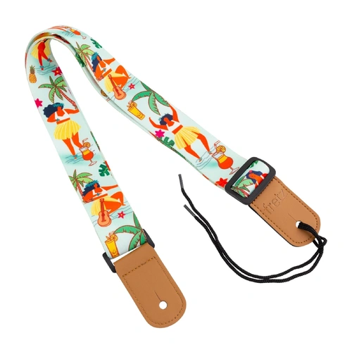 Fretz FUST-H51 Hawaiian Style Ukulele Strap with Hula Girl Design, Adjustable 1.5" Wide Polyester, Microfiber Leather Ends