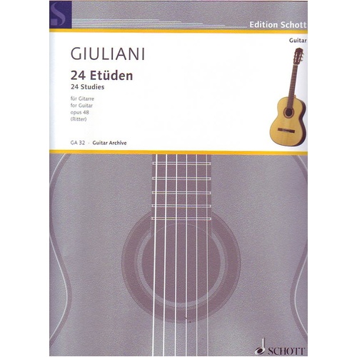 Giuliani 24 Studies Op. 48 for Guitar, Schott Music, 28 Pages, Part of Trinity Syllabus 2007 Grade 7