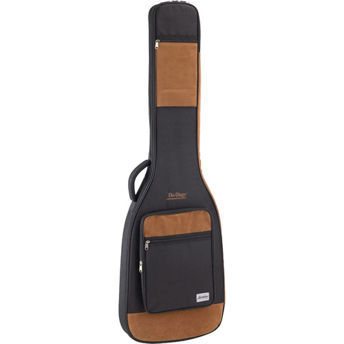 On Stage Adventure Series Bass Guitar Gig Bag - Black/Brown, 600D Nylon, 3 Accessory Pockets, Ergonomic Backpack Style, Lightweight, Durable