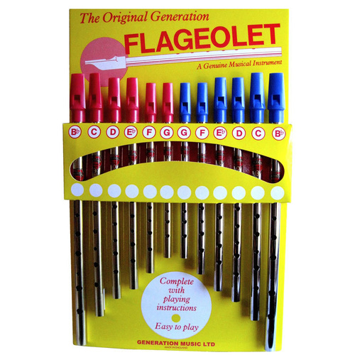 Original Generation Flageolet Counter Display (12 Pieces) with Brass and Nickel Flageolets in Various Keys and Instruction Booklets