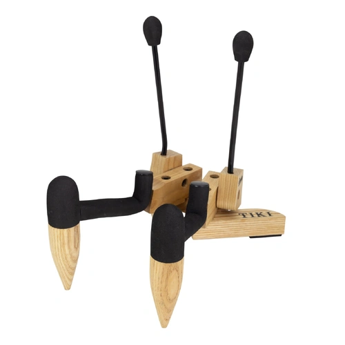 Fretz 'Woodie 4' Folding Ukulele and Violin Stand with Tiki Logo - Natural Wood Finish