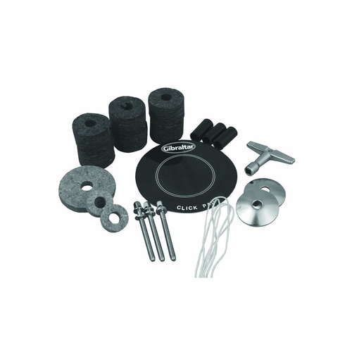 Gibraltar Drummers Essentials Tech Kit with Bass Drum Click Pad, Tension Rods, Cymbal Washers, Sleeves, Felts, Snare Cord, and Drum Key