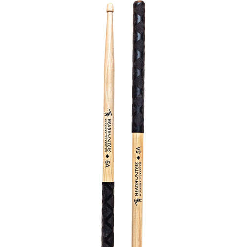 Headhunters Hickory Classic 5A Drum Sticks with Wood Tip and Black-X Grip (1 Pair)