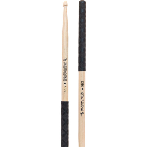 Headhunters Hickory Classic 5B Drum Sticks with Wood Tip and Black-X Grip Control (1 Pair)