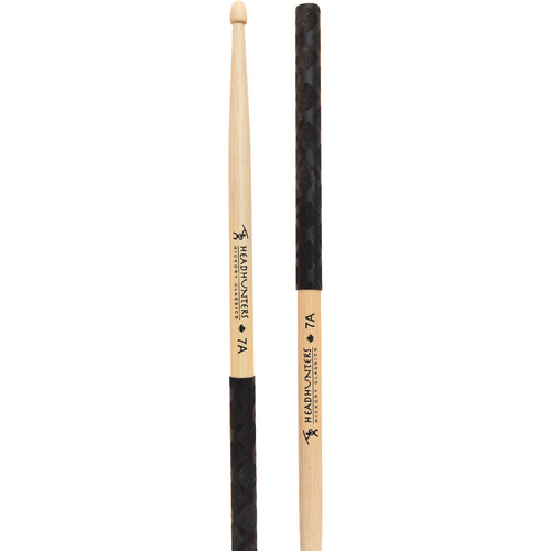 Headhunters Hickory Classic 7A Drum Sticks with Wood Tip and Black-X Grip Control - 1 Pair