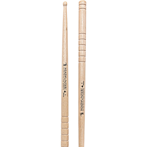 Headhunters Hickory Grooves B Drum Sticks with Wood Tip - 1 Pair - 405mm Length, 17mm Butt Diameter, Precision Cut Grooves