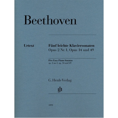 Five Easy Piano Sonatas by Beethoven - Op. 2 No. 1, Op. 14, Op. 49, Urtext Edition, 80 Pages, Arranged by Murray Perahia and Nobert Gertsch