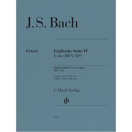 Bach - English Suite No 4 F Major BWV 809 Piano Edition by G. Henle Verlag, 26 Pages, No Fingering, Piano Solo