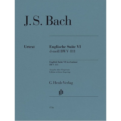 Bach - English Suite No. 6 D Minor BWV 811 Piano Solo Edition by G. Henle Verlag, 35 Pages, No Fingering
