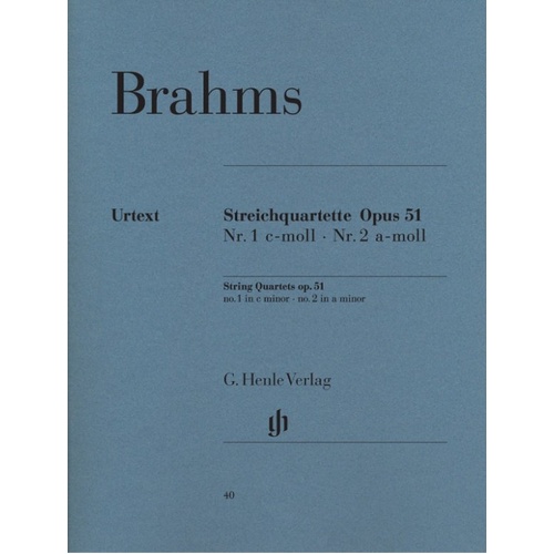 String Quartets Op. 51 No. 1 C Minor No. 2 A Minor by Johannes Brahms, Published by G. Henle Verlag, for Cello, Viola, Violin, 127 Pages