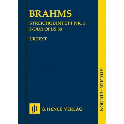 Brahms - String Quintet No 1 F Major Op 88 Study Score by G. Henle Verlag - 54 Pages, Urtext Edition, Cello