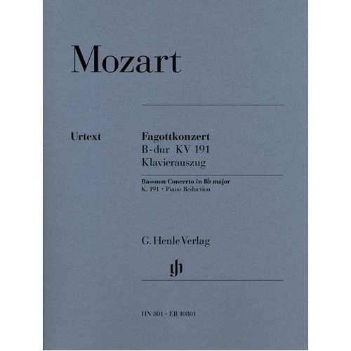 Mozart Concerto in B Flat K 191 for Bassoon and Piano, Urtext Edition with Cadenza Suggestions by Robert Levin, 44 Pages