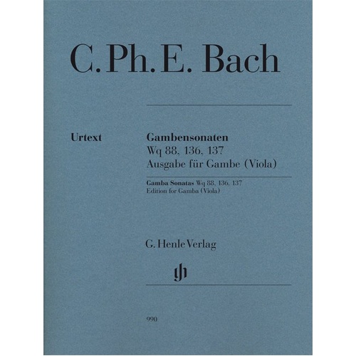 Gamba Sonatas Wq 88, 136, 137 Urtext Edition for Viola by Carl Philipp Emanuel Bach