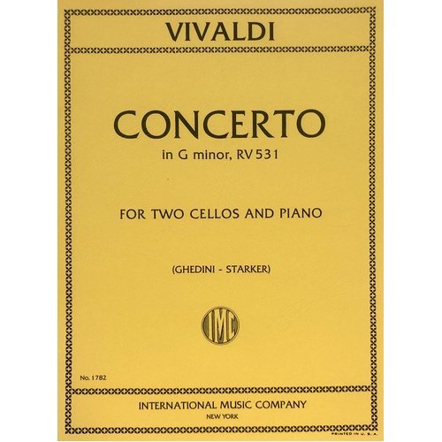 Vivaldi Concerto in G Minor RV 531 for 2 Cellos and Piano - Score and Parts, Difficulty: Difficult, 21 Pages