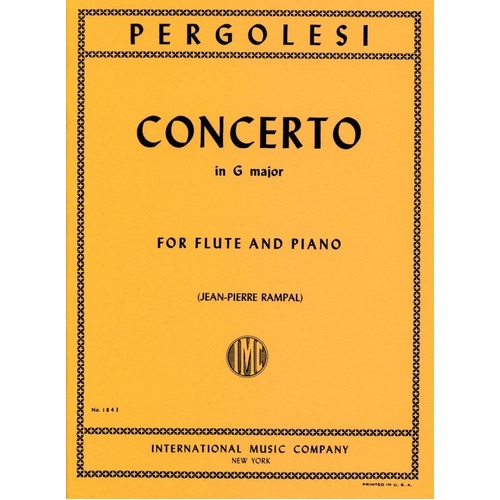Pergolesi - Concerto in G Major for Flute and Piano, Reduction by Jean-Pierre Rampal, Advanced Level, 1 Page, International Music Company