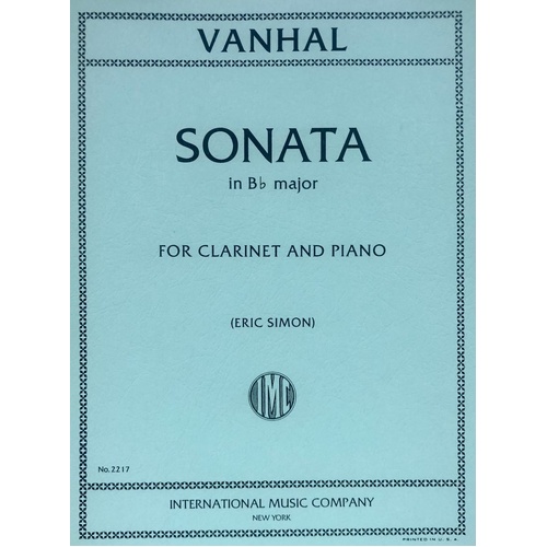 Sonata in B Flat for Clarinet by Johann Baptist Vanhal, Edited by Eric Simon, International Music Company, 1 Page Score and Part