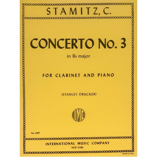 Stamitz Concerto No 3 in B-flat for Clarinet and Piano, Edited by Stanley Drucker, Score and Part