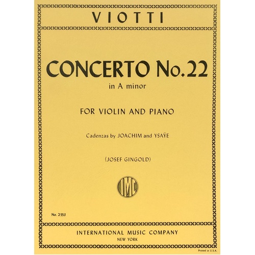 Viotti - Concerto No 22 in A Minor for Violin and Piano, Edited by Joseph Joachim, Score and Part