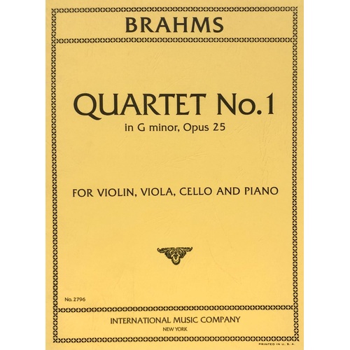 Brahms Quartet No 1 G Minor Op 25 for Violin, Viola, Cello, and Piano - Score and Parts