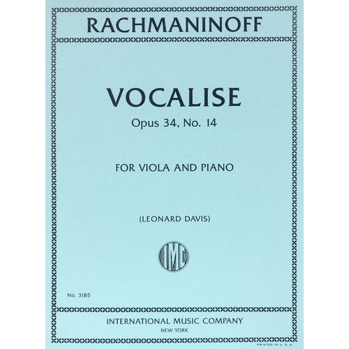 Rachmaninoff Vocalise Op. 34 No. 14 for Viola and Piano, Edited by Leonard Davis, Score and Part