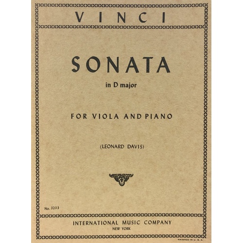 Vinci Sonata in D for Viola/Piano Edited by Leonard Davis, Score and Part, International Music Company
