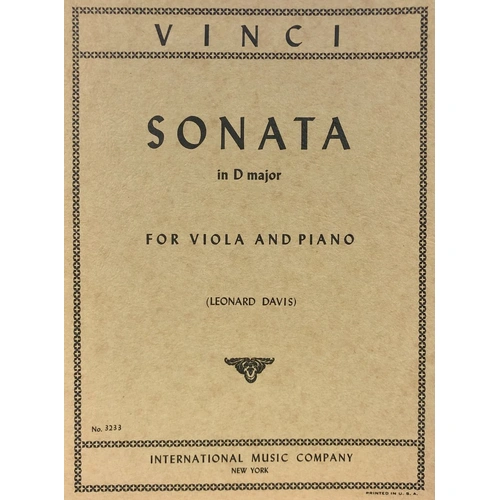 Vinci Sonata in D for Viola/Piano, Edited by Leonard Davis, Score and Part, International Music Company