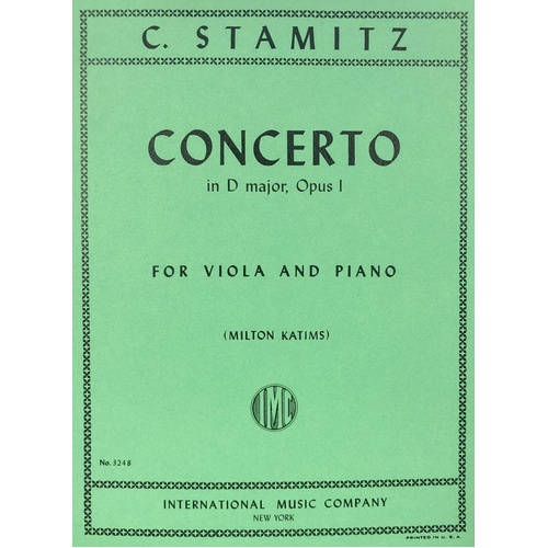 Stamitz Concerto Op. 1 D for Viola and Piano, Edited by Katims