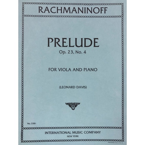 Rachmaninoff Prelude Op 23 No 4 for Viola and Piano, Edited by Leonard Davis, Score and Part