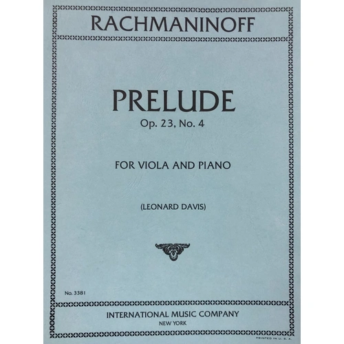 Rachmaninoff Prelude Op 23 No 4 for Viola and Piano, Edited by Leonard Davis, Score and Part