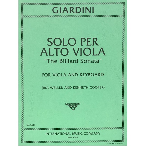 Solo per Alto Viola by Felice di Giardini, Edited by Ira Weller & Kenneth Cooper, Score and Part, International Music Company