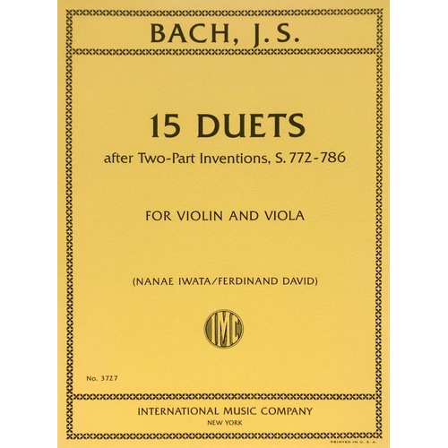 Bach 15 Duets 2 Part Inventions for Violin/Viola, Arranged by Nanae Iwata / Ferdinand David, 28 Pages, International Music Company