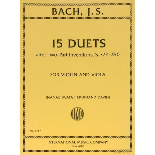 Bach 15 Duets for Violin/Viola - Arranged by Nanae Iwata & Ferdinand David, 28 Pages, International Music Company