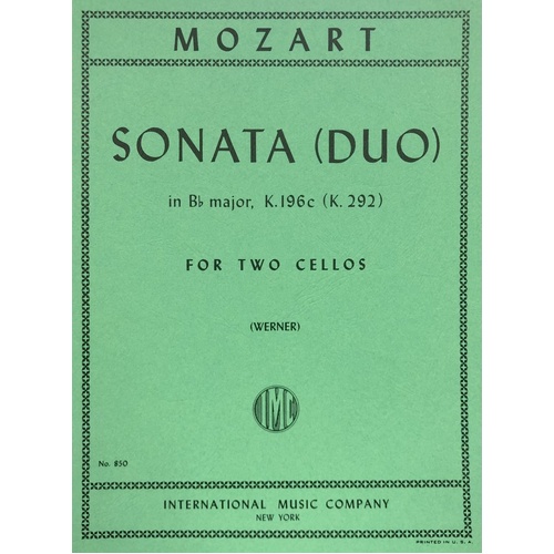 Sonata in Bb Major, K. 292 for Cello Duet by Wolfgang Amadeus Mozart