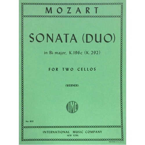 Sonata in B Flat, K. 292 for Cello Duet by Mozart, Published by International Music Company