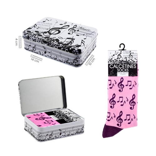 Pink Socks with Black Clefs/Notes and Tin