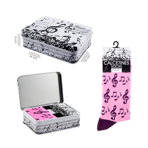 Pink Socks with Black Clefs/Notes and Tin