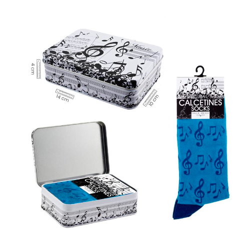 Blue Socks with Black Clefs/Notes and Tin