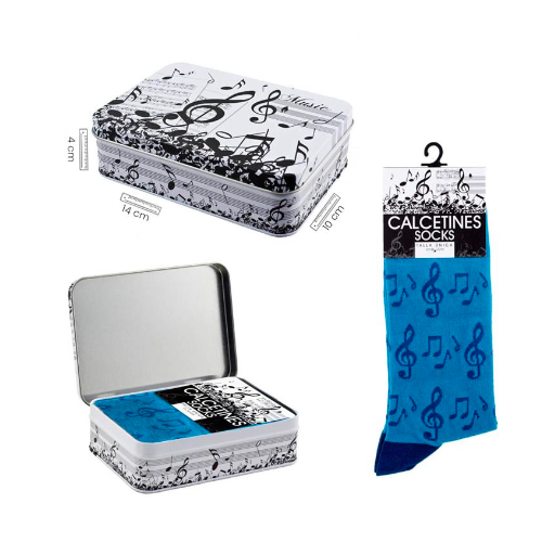 Blue Socks with Black Clefs/Notes and Tin