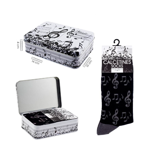Black Socks with Grey Clefs/Notes and Tin