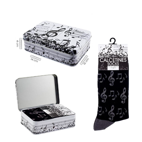 Black Socks with Grey Clefs/Notes and Tin