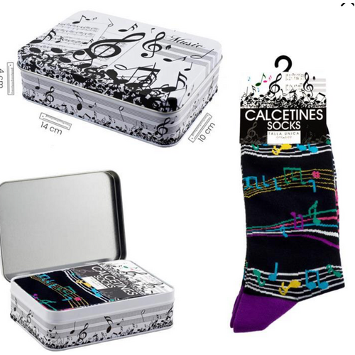 Black Socks with Purple Heels and Colorful Manuscript, Includes Tin