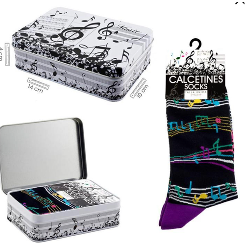 Black Socks with Purple Heels and Colourful Manuscript, Includes Tin
