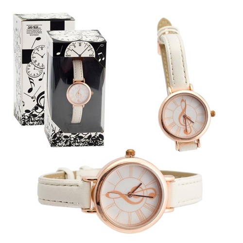White Face Watch with Rose Gold Treble Clef and White Band