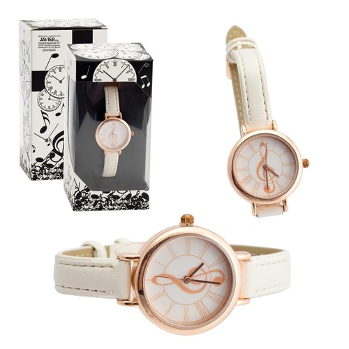 White Face Watch with Rose Gold Treble Clef and White Band