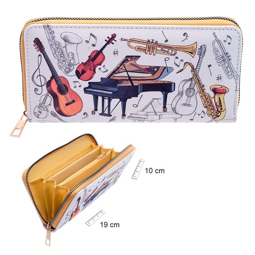 Musical Instruments Wallet with Gold Zip and Yellow Interior, 19cm x 9.5cm, 8 Card Slots, Zip Pouch for Coins
