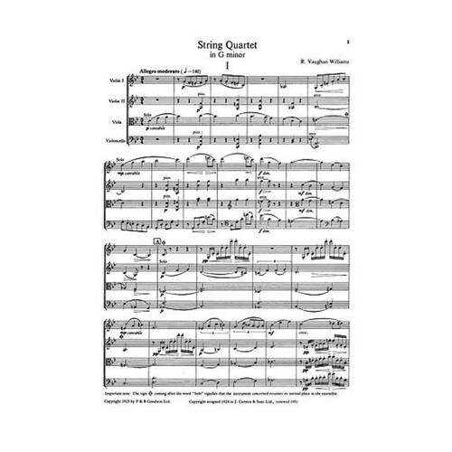 Vaughan Williams: String Quartet In G Min Score Book