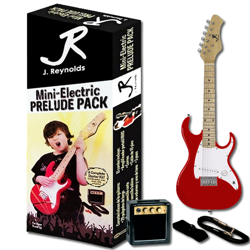 J.Reynolds Mini ST Electric Guitar Prelude Starter Pack, 29" Solid Body, Red with Amplifier, Pick, Strap, and Cable